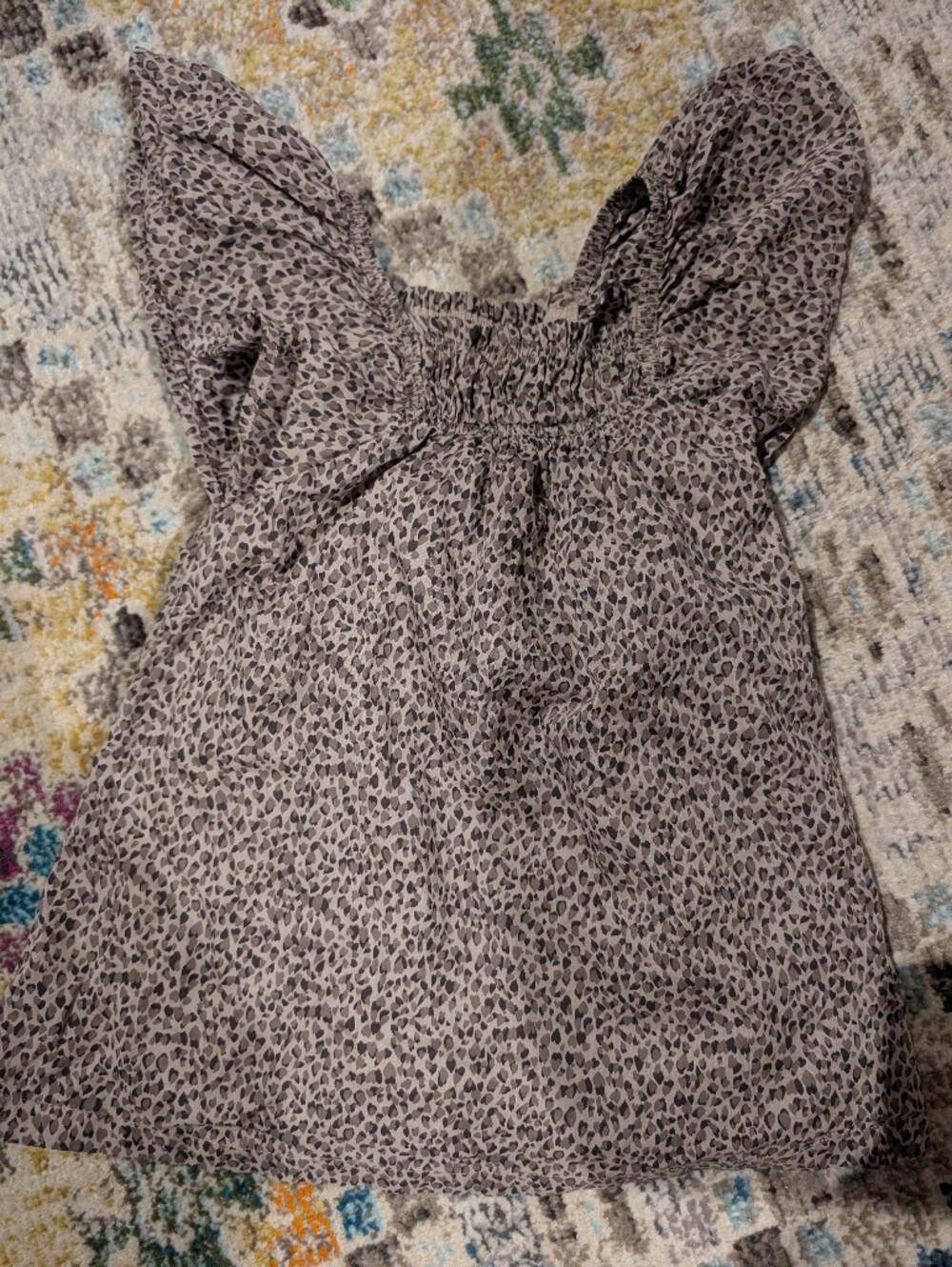 Toddler Smocked Leopard Print Flutter Sleeve Top - Neutral Tones